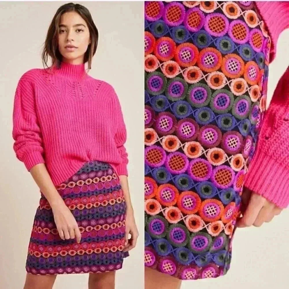 Anthropologie Colorful Embroidered Mini Skirt